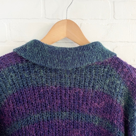 Vintage Knit Sweater/Tunic/dress Polo Stripes Metallic Iridescent purple Teal L - Picture 11 of 12